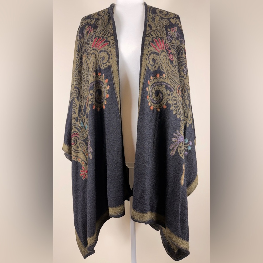 Embroidered Reversible Black and Sage Green Alpaca Wool Cape Shawl, One Size